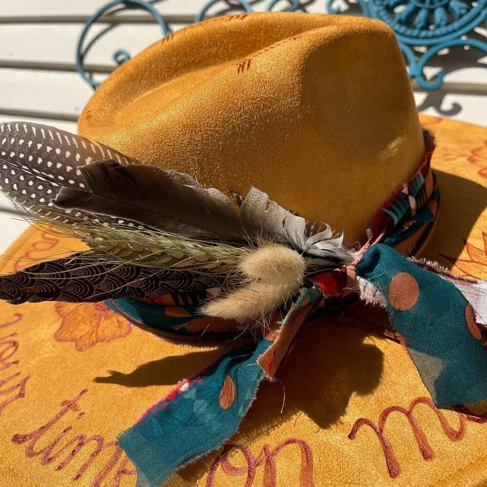 Hand Burned Hat | Wide Brim Hat | Branded Hat | wildflowers faux suede hat | Don - Picture 7 of 9